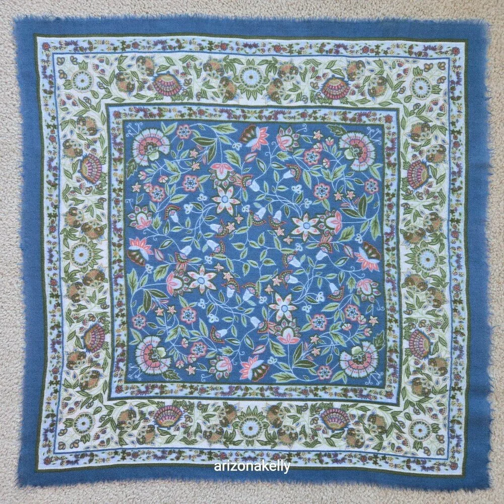 Square Wool Blue Scarf With Leaves and Flowers